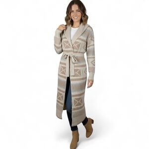 London Kaye Southwestern Belted Longline Cardigan Sweater Coat Cream Gray S/M